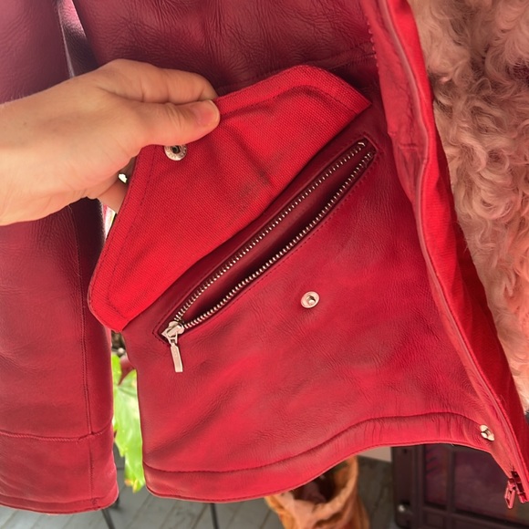 Red Leather Shearling lined coat vintage hooded anorak parka - Picture 7 of 11